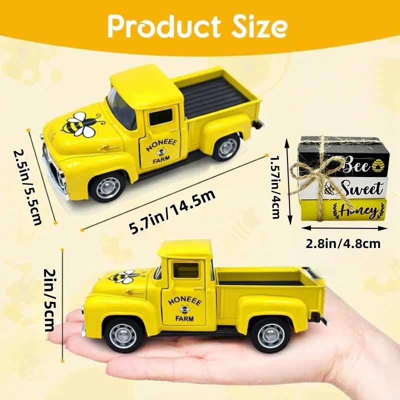 5.7in Bee Truck Decor with Sweet Honey Blocks, Yellow Metal Pickup - color: Yellow
