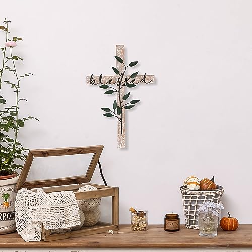 NIKKY HOME Wall Cross, Rustic Wooden Cross With Metal Leaves - color: Blessed