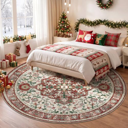 U'Artlines Red Christmas Round Area Rug 6ft Boho Washable Holiday Carpet - color: Christmas Red, size: 6' (Round)