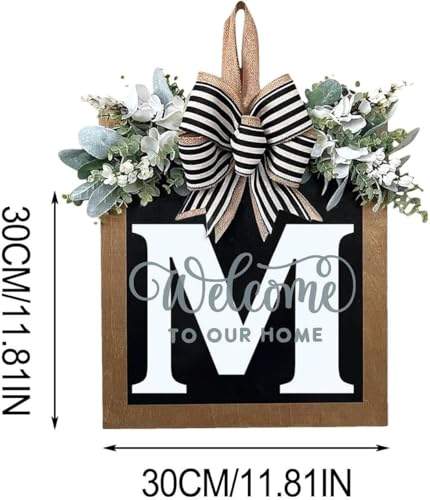 Last Name All Year Round Front Door Wreath with 26 Initial Letter Welcome Sign All Seasons Eucalyptus Garland and Bow ，Farmhouse, Porch, for Spring Summer Fall All Seasons Holiday Halloween Christmas. (M) - color: M