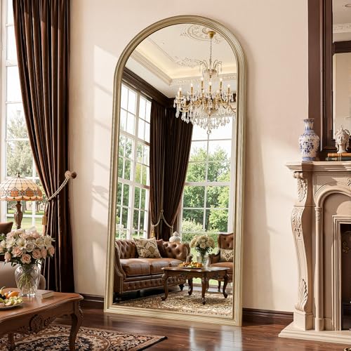 71"x32" Elegant Vintage Arched Full Length Mirror with Stand, Luxury Large Full Body Mirror with Tempered Glass, Leaning Wall Mount Floor Standing Mirrors for Living Room Bedroom Entryway Outfit Check - color: Exquisite Silver