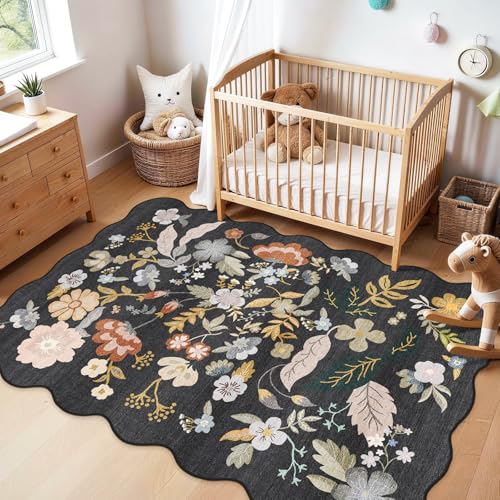 Scalloped Area Rugs 5x7: Non-Slip Washable Living Room Rug Black - color: Black, size: 5' x 7' (Rectangular)