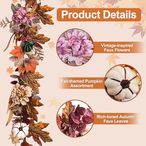 Montekin 6ft Fall Garland with Maple Leaves & White Pumpkins