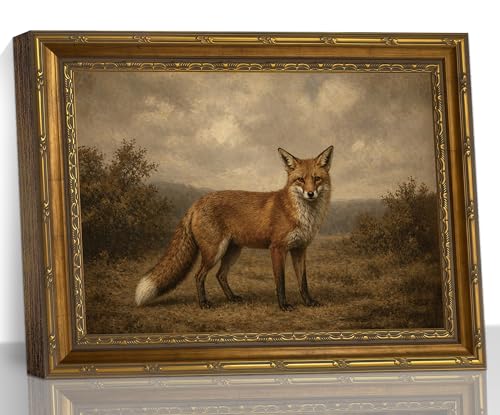 Vintage Red Fox Wildlife Animal Gold Frame Wall Art Canvas Print Framed Art - color: Red Fox, size: 16"L x 12"W