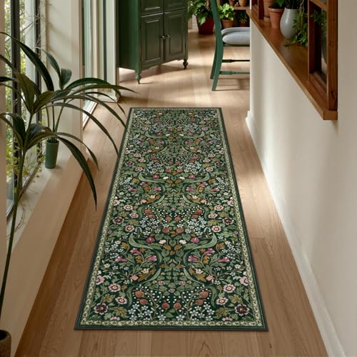 Lahome Cottagecore Floral Runner, 2x6 Botanical Washable Kitchen Runner Rug - color: Green, size: 2' x 6'