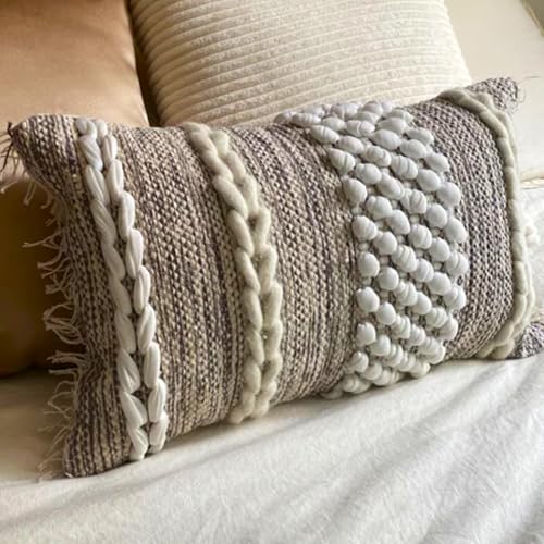 Decorative Boho-Chic Lumbar Pillow Cover 12x20 Premium Handwoven Tufted Cotton &Wool Accent Pillows, Earthy Color Throw Cushion, Farmhouse & Bohemian Home Decor (Limited Edition Cover Only) - color: Brown, Cream, Taupe, Beige, Multi-color, Neutral - Lumba