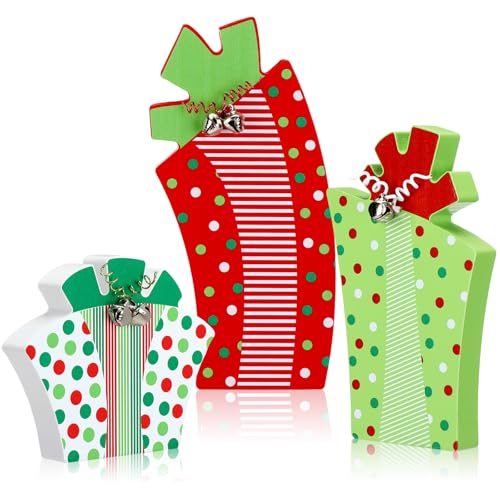 3 Pcs Christmas Table Decoration Whimsical Red Green Wooden Gift Box Sign - style: Whimsical