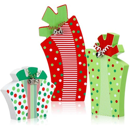 3 Pcs Christmas Table Decoration Whimsical Red Green Wooden Gift Box Sign - style: Whimsical