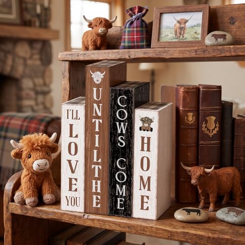 Xuhal 4 Pcs Highland Cow Table Decorations,Rustic Cow Wooden Book for Home - style: Highland Cow