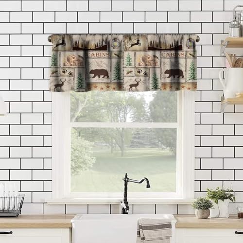 Rustic Cabin Valance Curtain, Lake Country Lodge Bear Deer Forest Farmhouse Camp Woodland Brown Blackout Short Window Curtain for Bedroom Living Room Kitchen,54x18in - color: Bear-10