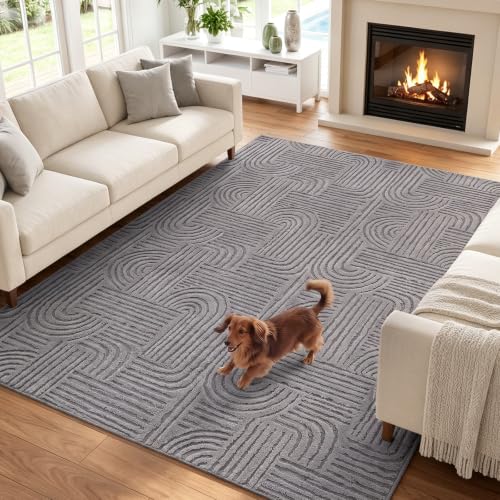 Etwel 6x9 Dark Gray Geometric Textured High-Low Pile Washable Area Rug - color: Dark Gray, size: 6' x 9'