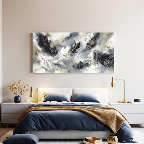 YISXINOAG Black White Abstract Wall Art Modern Feather Painting 20"X40" - color: black grey, size: 40"L x 20"W