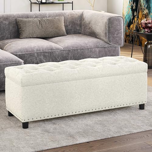 BELLEZE Storage Ottoman, Tufted Ottoman with Close Hinge, Foot Rest for Living Room (White, 47 inch) - color: White