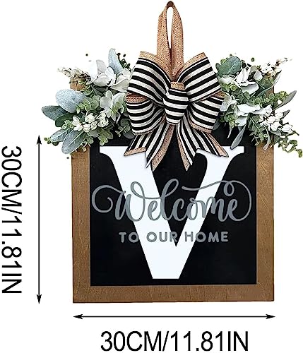 Last Name All Year Round Front Door Wreath with 26 Initial Letter Welcome Sign All Seasons Eucalyptus Garland and Bow ，Farmhouse, Porch, for Spring Summer Fall All Seasons Holiday Halloween Christmas. (V) - color: V