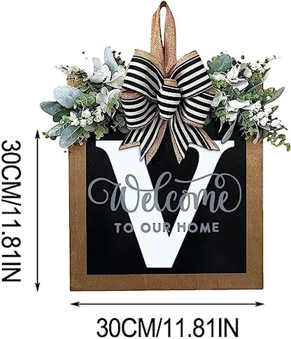 Last Name All Year Round Front Door Wreath with 26 Initial Letter Welcome Sign All Seasons Eucalyptus Garland and Bow ，Farmhouse, Porch, for Spring Summer Fall All Seasons Holiday Halloween Christmas. (V) - color: V