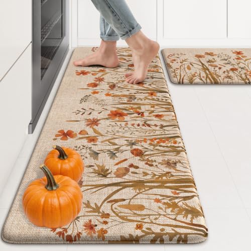 KIMODE Fall Kitchen Mats Cushioned Anti Fatigue, Orange Boho Farmhouse Rugs - color: Floral/Orange, size: 47"L x 17.3"W x 0.47"Th + 29"L x 17.3"W x 0.47"Th
