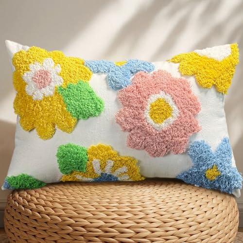 Lumbar Pillow Covers 12x20 - Tufted Decorative Throw Pillow Cover with Zipper for Couch Sofa Bed Living Room Aesthetic Soft Spring Summer Farmhouse Oblong Pillowcase, Five Color Flower - color: Five Color Flower, size: 20" x 12" (Pack of 1)
