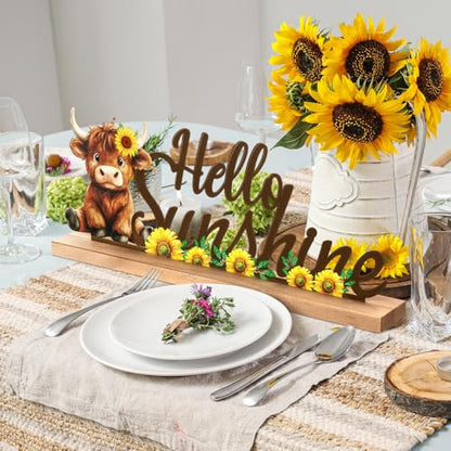 MiniInflat Sunflower Highland Cow Table Decor Hello Sunshine Metal Sign - style: Hello Sunshine