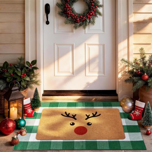 2 Piece Christmas Door Mat Set, Reindeer Coir Mat & Green Plaid Mat - color: Green and White