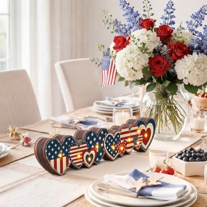 Yousoontic 4th of July Decorations Retro Patriotic Table Centerpieces with LED Lights Memorial Day Heart Wooden Sign Decor 3D Block Red White Blue Decor for 250th Anniversary Home Mantel Desk Party - style: Patriotic Star