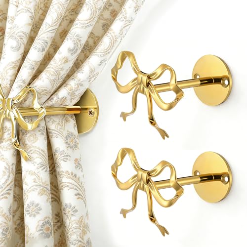 2-Piece Gold Bow Curtain Tiebacks, Metal Wall-Mounted Curtain Holdbacks, Gold Holders for Living Room, Bedroom, Office, and Home Decor