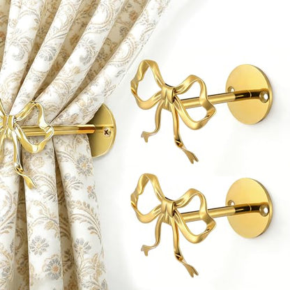 2-Piece Gold Bow Curtain Tiebacks, Metal Wall-Mounted Curtain Holdbacks, Gold Holders for Living Room, Bedroom, Office, and Home Decor