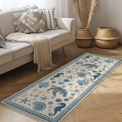 Coastal Nautical 2x6 Runner Rug for Hallway Kitchen Bedroom Sea Turtle - color: Coastal, size: 2' x 6' (Rectangular)