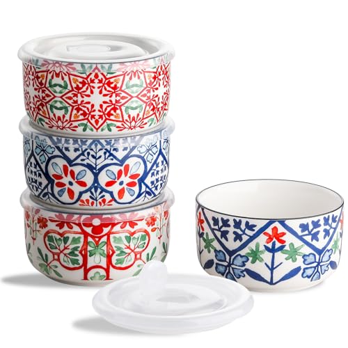 Ceramic Bowl with Lid, Microwave Safe, Set of 4 - color: Color A - Set of 4