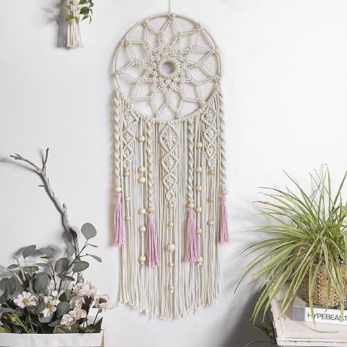 EOBTAIN Boho Macrame Wall Hanging Handmade Dream Catchers Pink and White Woven Tapestry Wall Decor Dreamcatcher Tassel Wall Art Bohemian Home Decor for Bedroom Living Room,Gifts for Girls Woman Mom - color: Pink White