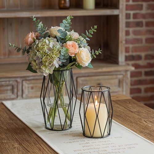 NUPTIO Black Geometric Hurricane Glass Candle Holders, Set of 2 - color: Black, size: XS+S