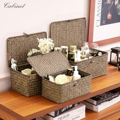 Nonam Wicker Storage Basket with Lid,Seagrass Shelf Basket Set of 3,Coffee - color: Coffee* Set of 3