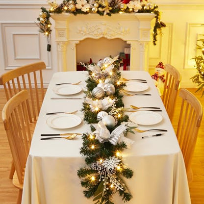 LinTimes 6 FT Pre-Lit Christmas Garland, Silver Lighted Xmas Garland with 20 LED Lights with Timer for Mantle Staircase Table, Winter Garland with Ribbon, Xmas Balls, Snowflake, Battery Operated