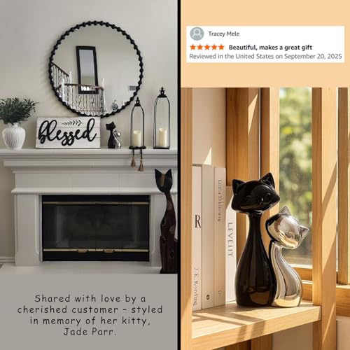 SURE YUESI Ceramic Cat Statue Set of 2, Black & Silver Cute Cat Figurines, Desk & Shelf Decor for Cat Lovers, Office Home Decor, Lucky Cat Memorial Gift for Women
