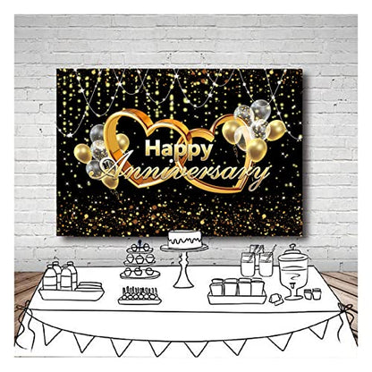 Happy Anniversary Backdrop Black and Gold Balloons Photography Background Poster for Wedding Anniversary Party Birthday Party Decorations Banner 7x5ft - size: 7X5FT(210x150cm)