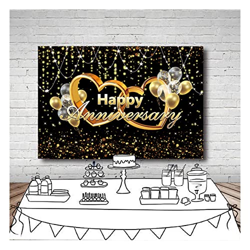 Happy Anniversary Backdrop Black and Gold Balloons Photography Background Poster for Wedding Anniversary Party Birthday Party Decorations Banner 7x5ft - size: 7X5FT(210x150cm)