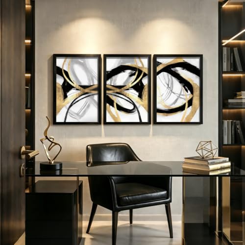 LYYGLYY 3Pcs Black Framed Abstract Black Gold Canvas Wall Art 16x24 Inch - color: Black Frame Dancing Lines, size: 16x24 Inches