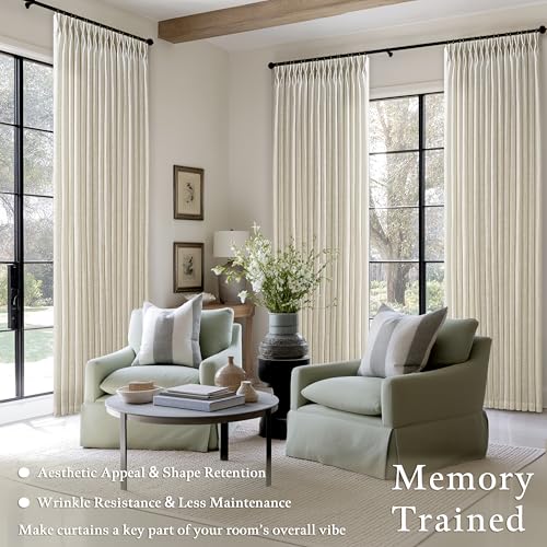Beige Linen Pleated Light Filtering Curtains with Hooks 102 Inches Long - color: Linen, size: 50"W x 102"L (Pack of 2)