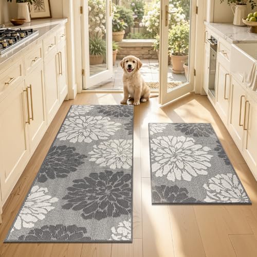 Findosom Kitchen Rugs Sets of 2, Floral Washable Kitchen Runner Rug, Gray - color: Grey, size: 24" x 36" + 24" x 71"