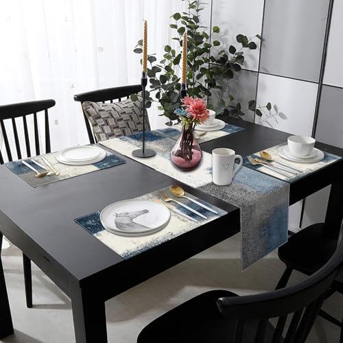 ArtSocket Table Runner and Placemats Set of 6, Abstract Farmhouse - color: Abstract Blue Grey
