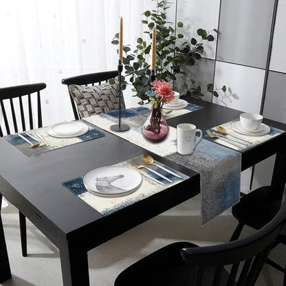 ArtSocket Table Runner and Placemats Set of 6, Abstract Farmhouse - color: Abstract Blue Grey