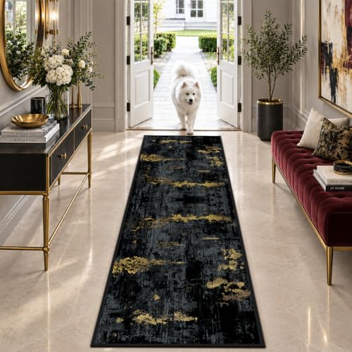 RELEANY Washable Runner 2'x6' Abstract Area Rug for Hallway Black Gold - color: Black/Gold, size: 2' x 6' (Runner)