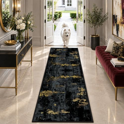 RELEANY Washable Runner 2'x6' Abstract Area Rug for Hallway Black Gold - color: Black/Gold, size: 2' x 6' (Runner)