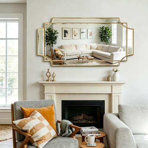 47"x24" Large Gold Rectangle Beveled Mirror with Geometric Frame - color: Gold, size: 47"L x 24"W