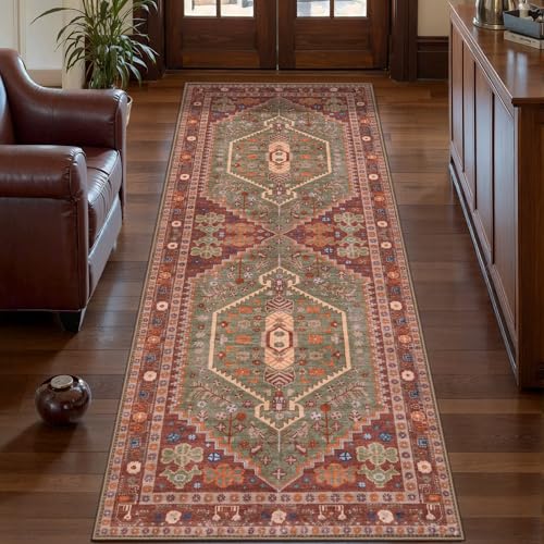 Ciicool 2x5ft Runner Rug,Washable Hallway Terracotta/Green Kitchen Carpet - color: Terracotta/Green, size: 2' x 5' (Runner)