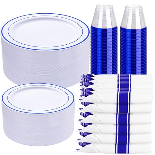 WELLIFE 350 Pieces Blue Plastic Plates - Disposable Silverware and Cups, Include: 50 Dinner Plates 10.25”, 50 Dessert Plates 7.5”, 50 Blue Cups 9 OZ, 50 Plastic Cutlery - color: Blue, style: 350PCS（50 Guests）