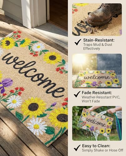 Sunflower Welcome Door Mat 20x30 Inch - color: Floral