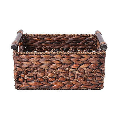Water Hyacinth Wicker Storage Basket with Wood Handles, Medium - color: Dark Brown, size: 11.81x 8.66x 5.9