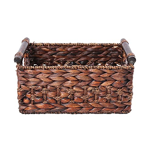Water Hyacinth Wicker Storage Basket with Wood Handles, Medium - color: Dark Brown, size: 11.81x 8.66x 5.9