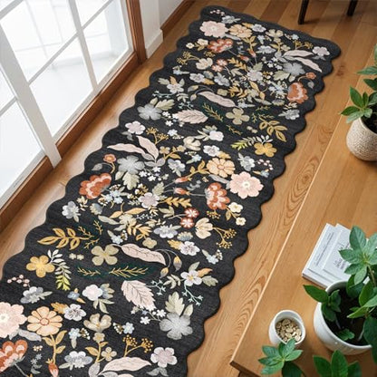 3x20 Hallway Runner Rug Washable: Boho Extra Long 20ft Scalloped Rug Black - color: Black, size: 3' x 20' (Runner)