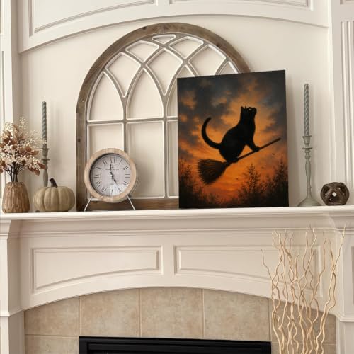 Halloween Wall Art Framed Canvas Print Black Cat Broom Poster - color: O
